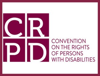 Engels logo VN-verdrag Handicap: Convention on the Rights of Persons with Disabilities in rode letters.