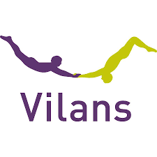 Logo van Vilans: een paars en een lichtgroen mens draaien om elkaar heen, eronder in paarse letters de tekst "Vilans"