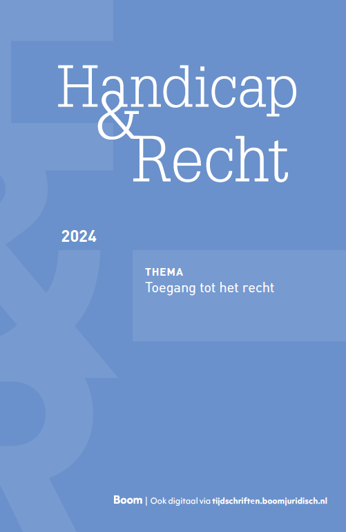 Omslag van Handicap & Recht 2024. Thema Toegang tot het recht. Blauwe omslag met daarin links de letters H & R van boven naar beneden in lichter blauw. Uitgave van Boom juridisch tijdschrijften. 