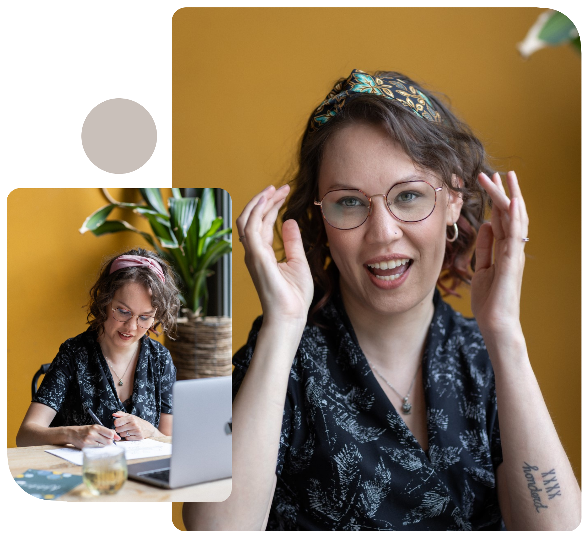 Twee overlappende foto's van mij, ik ben een indo vrouw met donker golvend haar en bruin dun montuur bril en draag een zwart-witte jumpsuit. Foto's door Marijn de Wijs, met een okergele achtergrond.