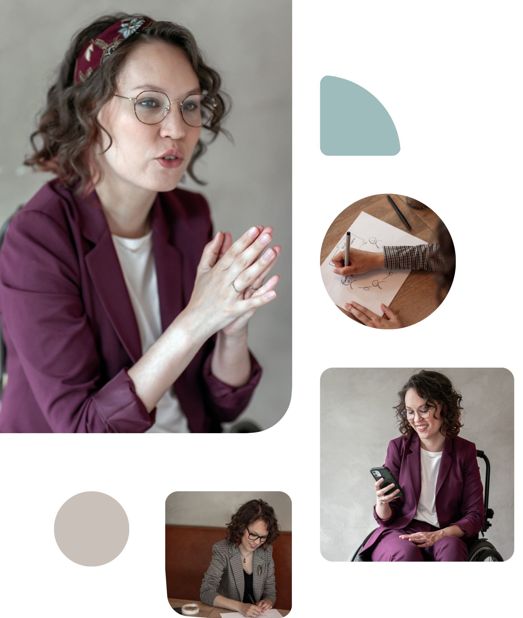 Collage 1 Marijn de Wijs Fotocollage met 4 foto's van mij door Marijn de Wijs: ik ben een indo vrouw met donker golvend haar en een bruin montuur bril.