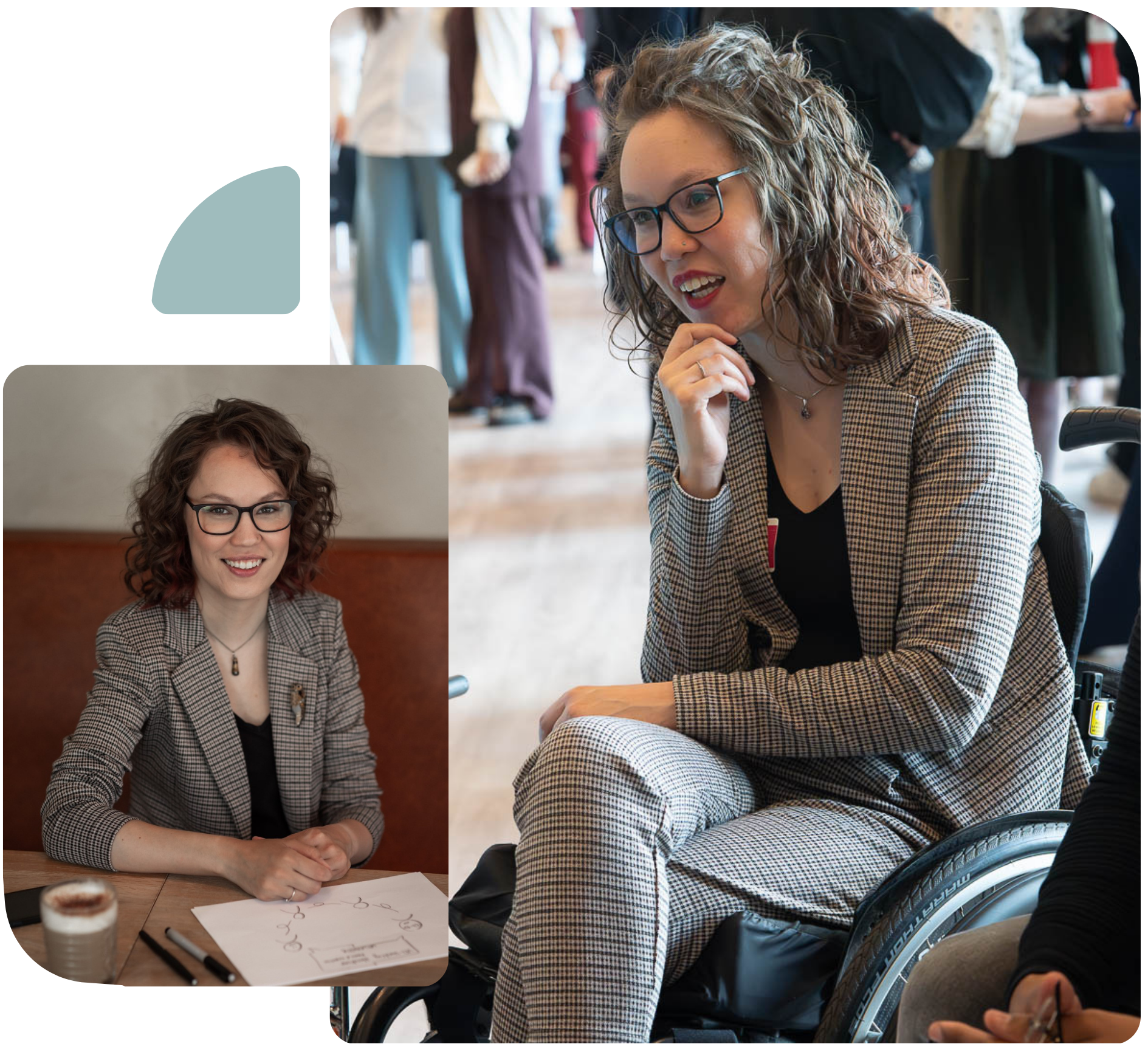 Collage 4 Marijn de Wijs/Martin Pechler Twee overlappende foto's van mij, ik ben een indo vrouw met donker golvend haar en bruin montuur bril en draag een tweed pak. Foto's door Marijn de Wijs en Martin Pechler