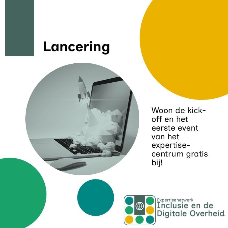 Plaatje in de stijl van EIDO in de kleuren groen, blauw, okergeel. "Lancering" Plaatje van een raket die opstijgt uit een laptop.